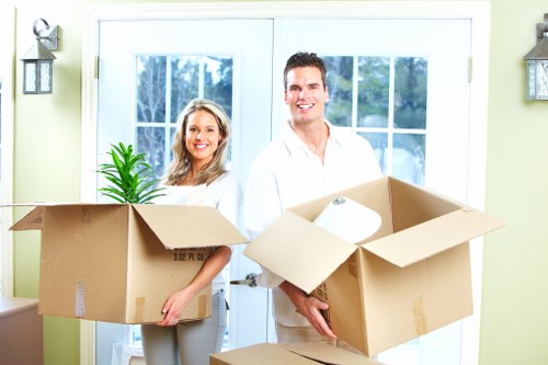 Packed office boxes and labelled items ready for relocation