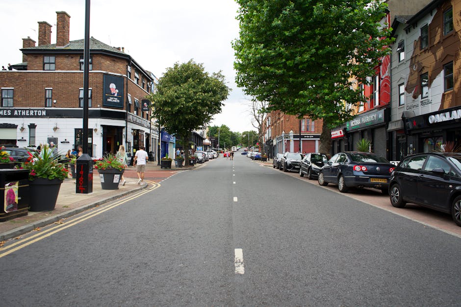 A clear street view on Lampton Road in Hounslow showing parked cars lining both sides of the road. On the left side, there are pedestrians walking on the sidewalk, with a woman carrying shopping bags and others near outdoor seating areas outside a pub or restaurant, which features black and white signage and large window displays. The sidewalk has large planters with colorful flowers, and a lamppost can be seen amongst the greenery. On the right side, the sidewalk is narrower with several vehicles parked close to the building facades, which include shops and a pharmacy with green signage. A large tree with lush green foliage extends over parts of the street, providing some shade. The road itself is empty of moving traffic, with a central dashed white line marking the lane, and the scene appears to be daytime with overcast lighting. This setting illustrates a typical urban environment suitable for house removals and furniture transport activities conducted by Hounslow Removals, emphasizing street access, parking considerations, and urban logistics involved in home relocation or packing and moving tasks.