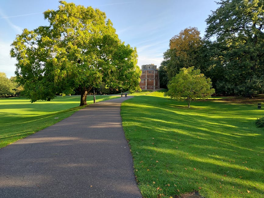 A paved pathway winds through a lush green park with well-maintained grass and several mature trees, including a large tree casting shadows over the path. In the background, there is a multi-storey brick building partially obscured by foliage, indicating an urban or suburban setting. The environment is outdoor and well-lit with natural daylight, suggesting a clear day. Although the image shows no moving equipment or furniture, it exemplifies the outdoor environment involved in house removals and moving logistics, such as the transportation route for furniture or packed boxes to be loaded onto a vehicle by a professional removals service like Hounslow Removals.