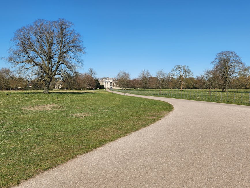 A paved pathway winds through a lush green park with well-maintained grass and several mature trees, including a large tree casting shadows over the path. In the background, there is a multi-storey brick building partially obscured by foliage, indicating an urban or suburban setting. The environment is outdoor and well-lit with natural daylight, suggesting a clear day. Although the image shows no moving equipment or furniture, it exemplifies the outdoor environment involved in house removals and moving logistics, such as the transportation route for furniture or packed boxes to be loaded onto a vehicle by a professional removals service like Hounslow Removals.